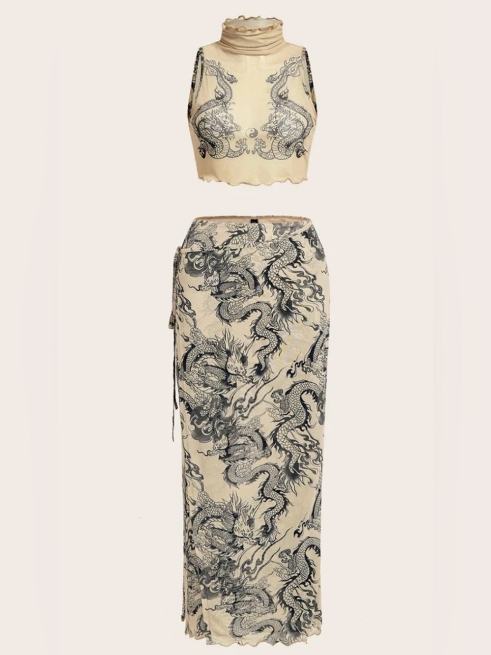 Cream Dragon-Print Maxi Skirt